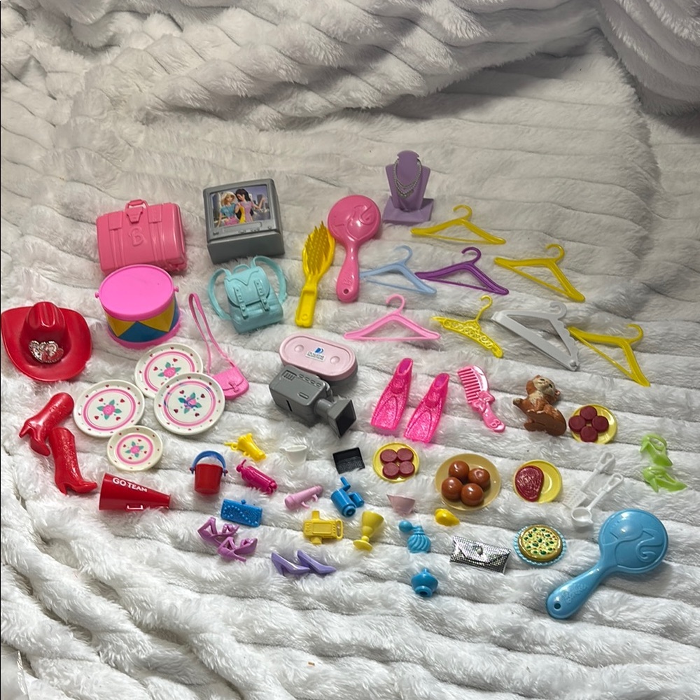Bundle of Barbie / Doll Accessories Camcorder, Suitcase, TV, Hangers and More